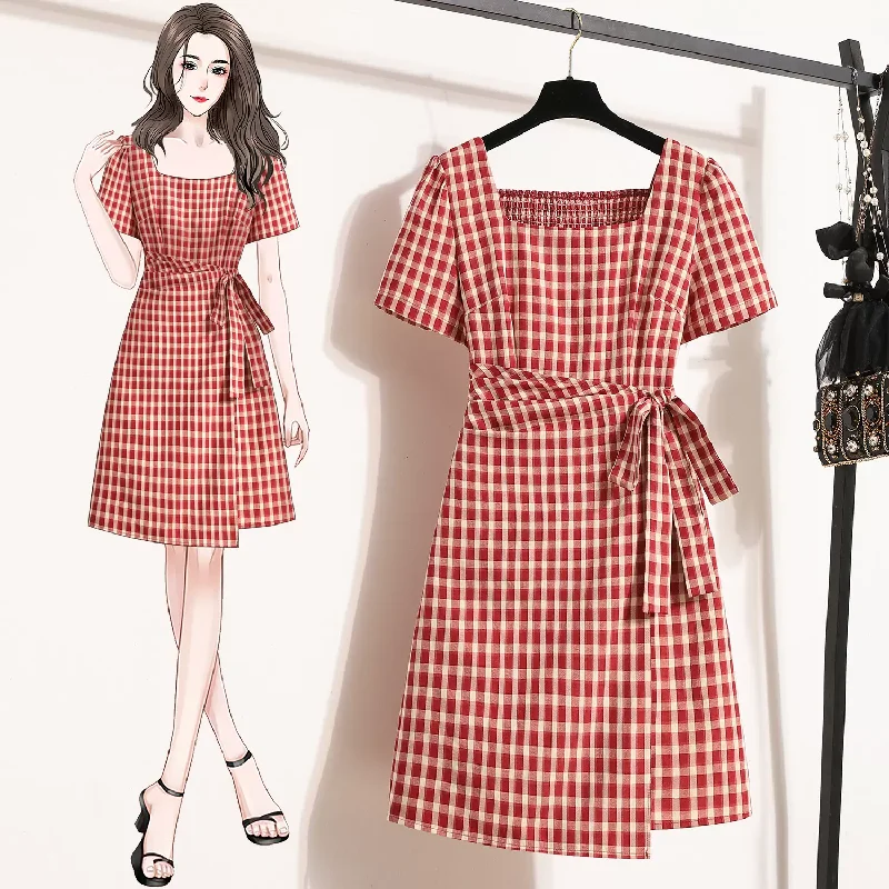 Plus Size Red Checks Square Neck Vintage Dress